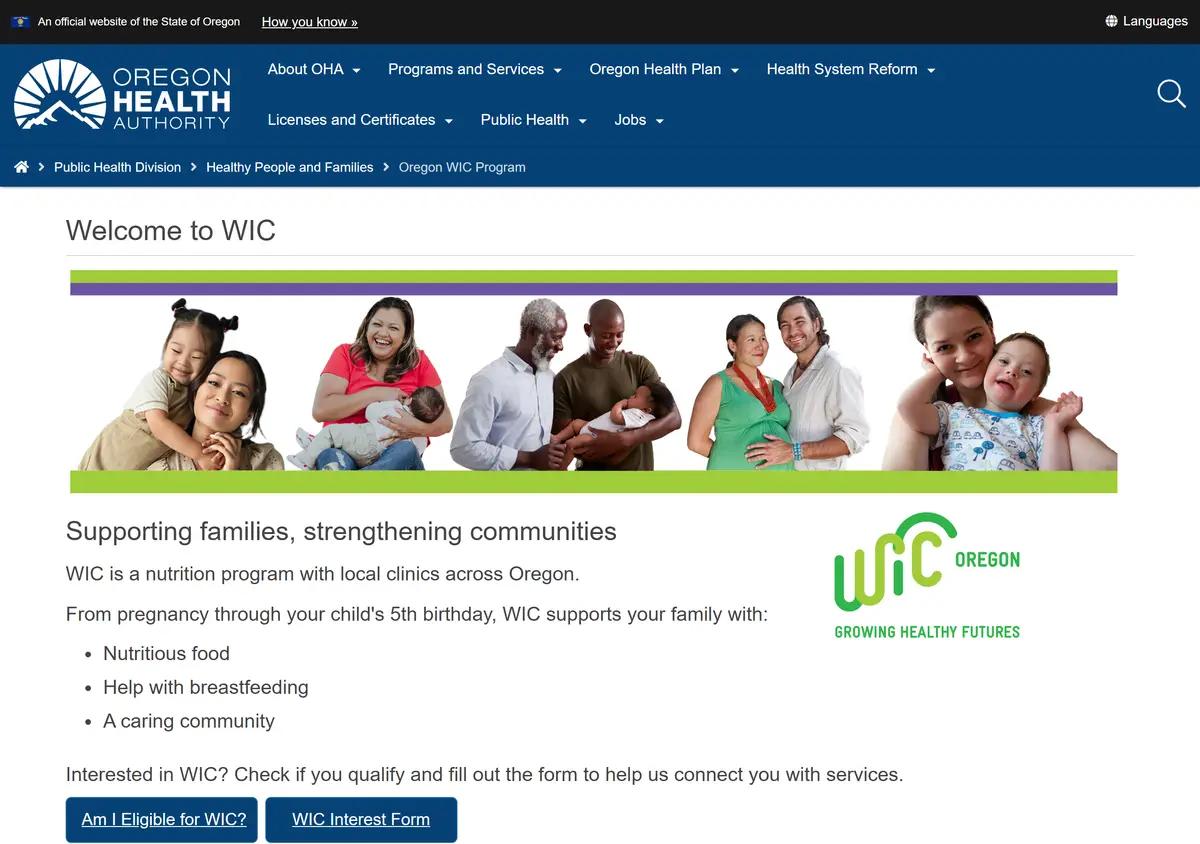 The Oregon WIC program homepage.