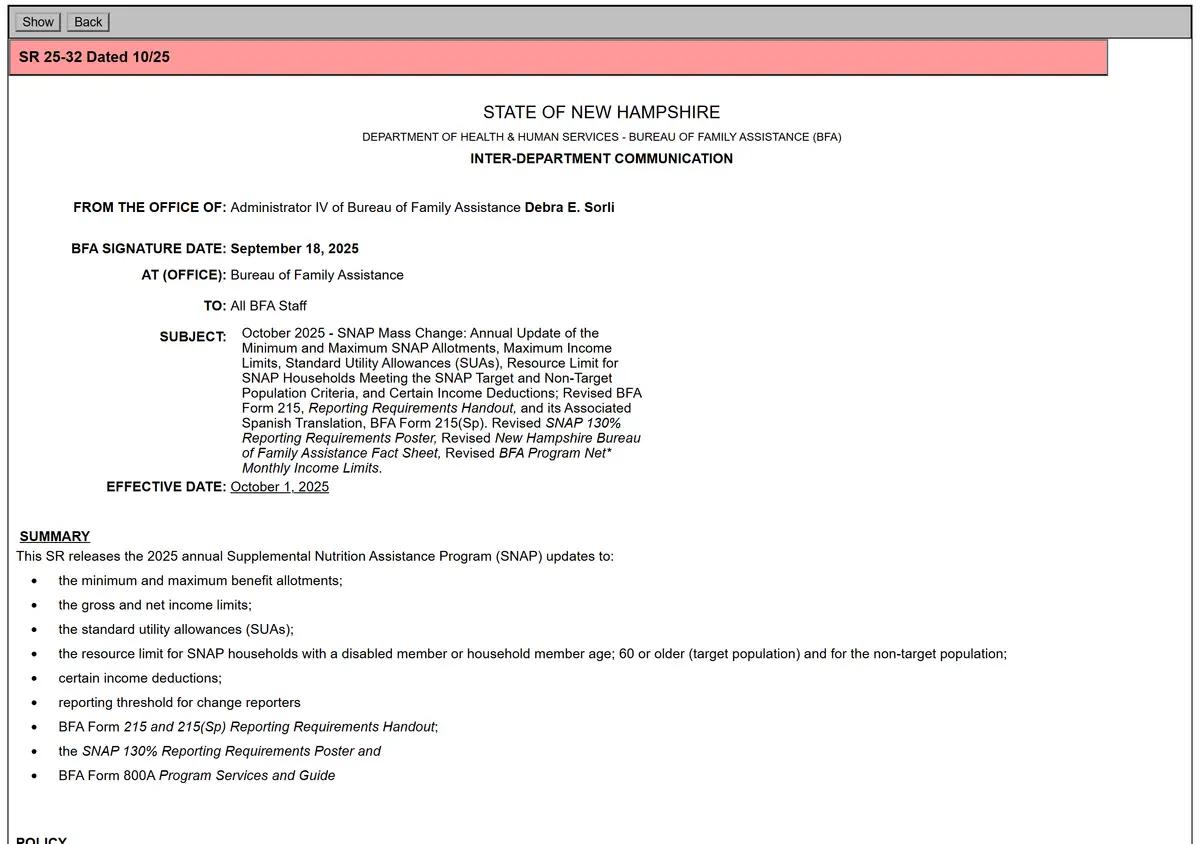 The New Hampshire SNAP income and benefit table.