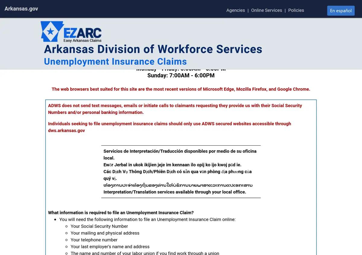The Arkansas EZARC unemployment claim portal.