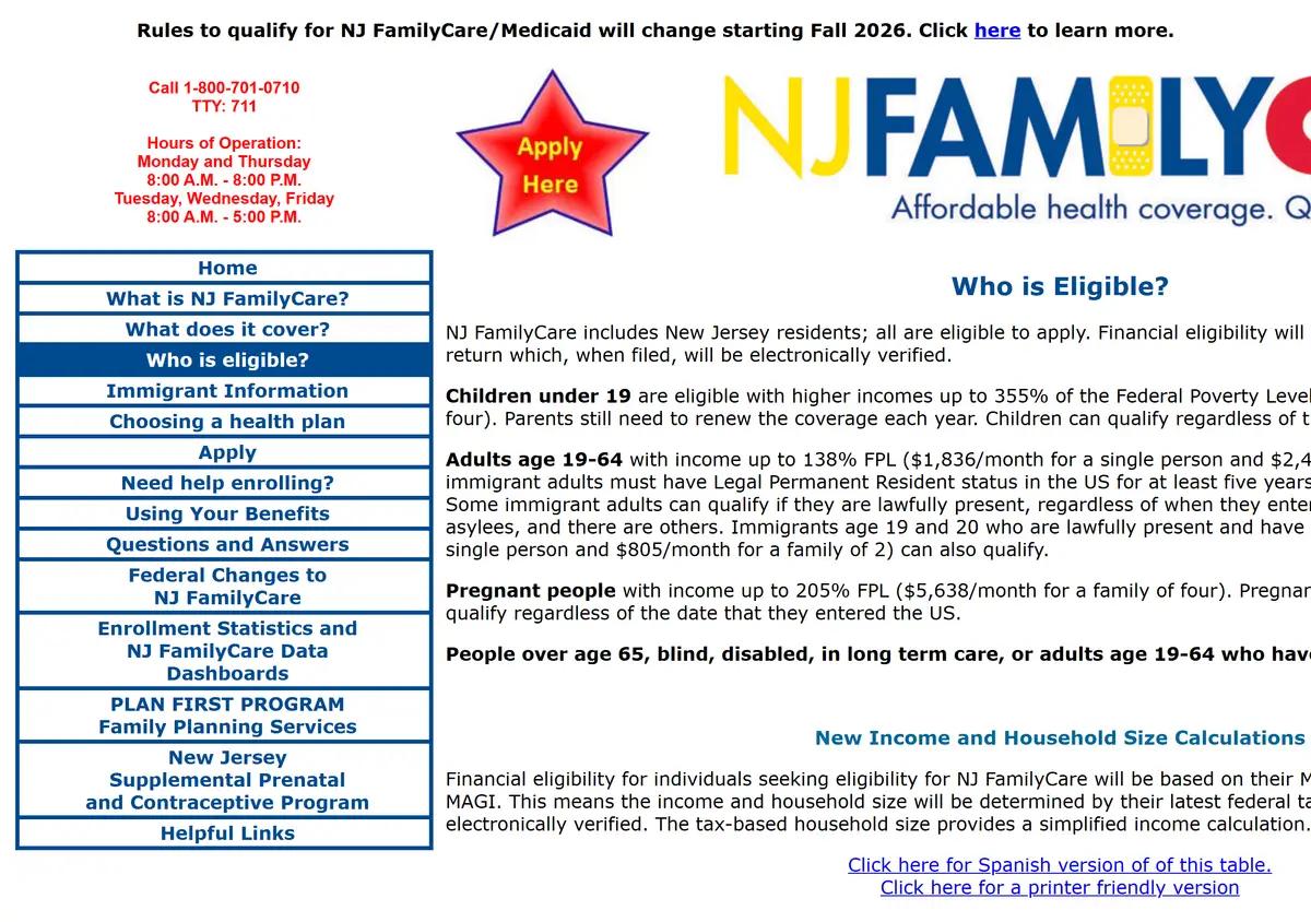 The NJ FamilyCare who-is-eligible page with income levels by group.