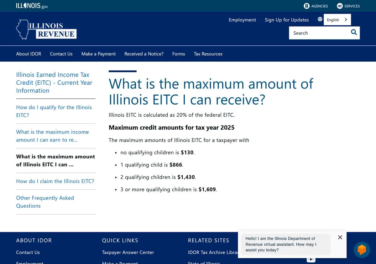 The Illinois EITC maximum credit amounts page.