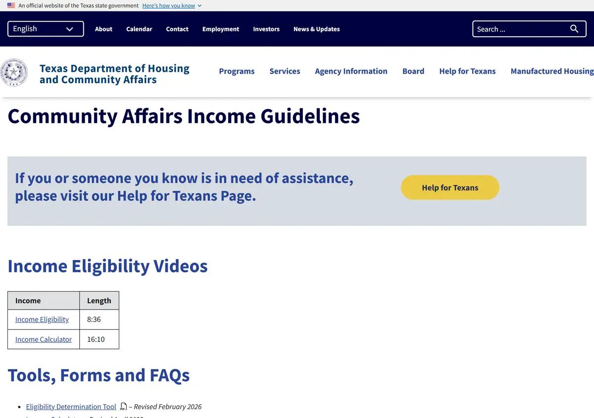 The TDHCA community affairs income guidelines page.