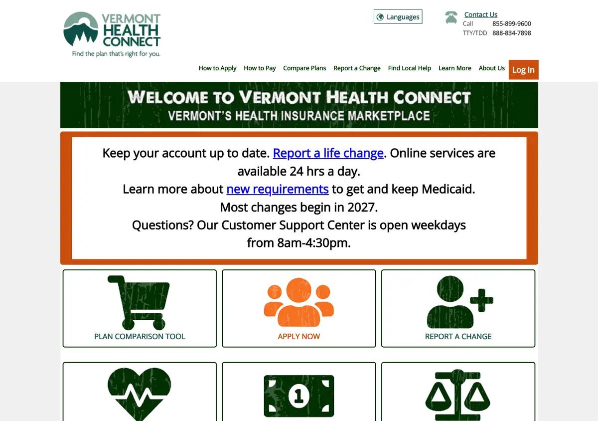 The Vermont Health Connect application portal.