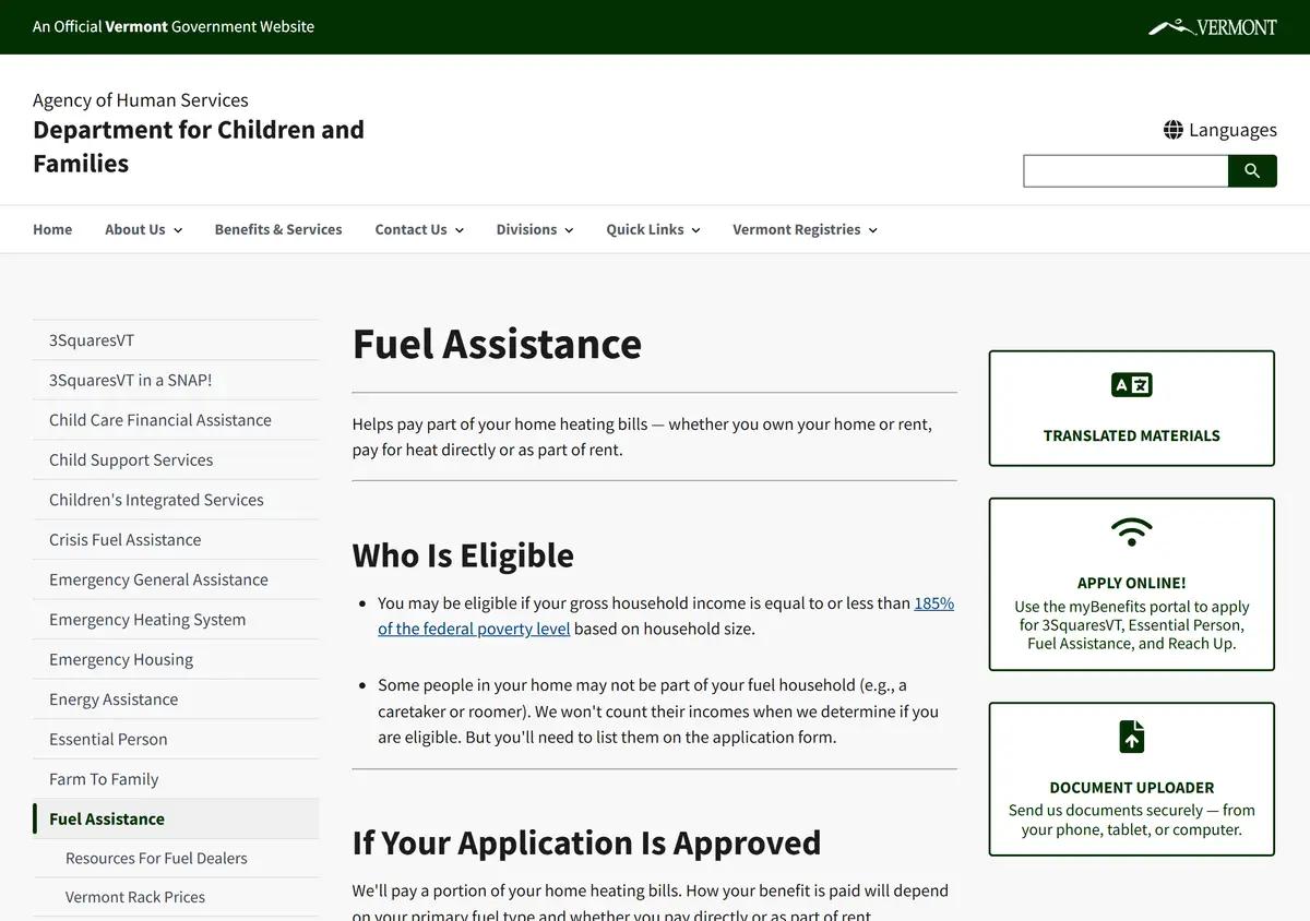 The Vermont Seasonal Fuel Assistance program page.
