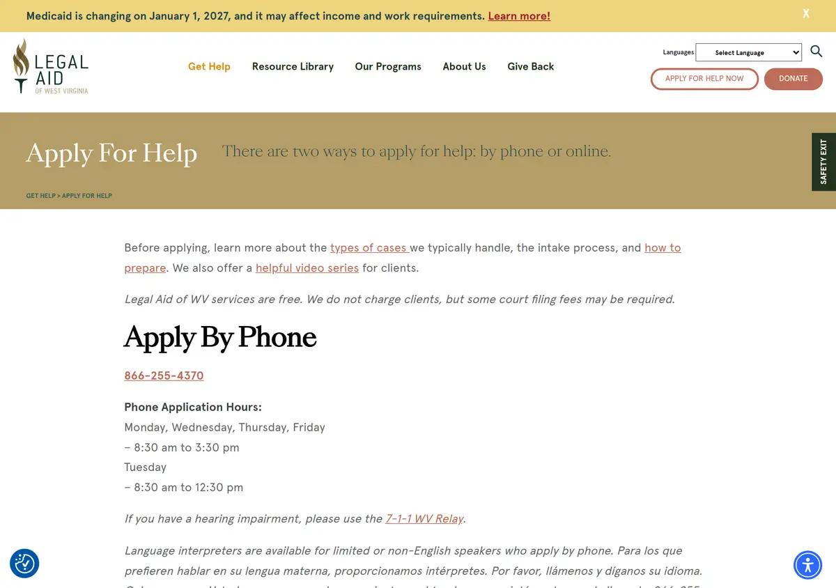 The Legal Aid of West Virginia apply-for-help page.