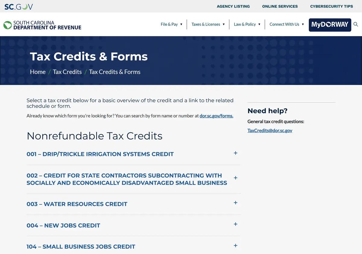 The South Carolina Department of Revenue tax credits forms page.
