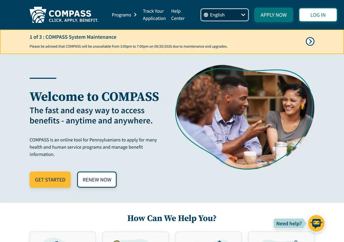 The COMPASS portal homepage where Pennsylvanians apply for TANF cash assistance.