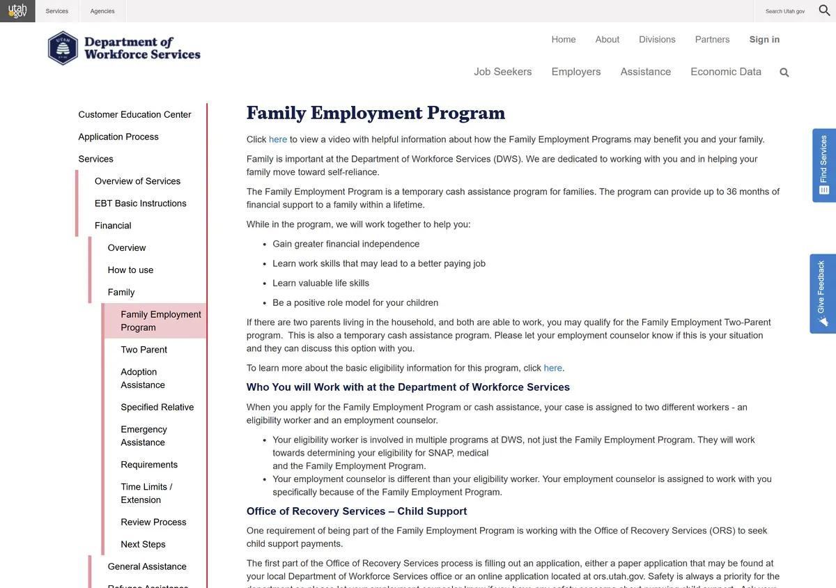 The Utah Family Employment Program details page.