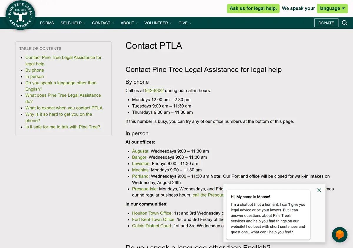 The Pine Tree Legal Assistance contact and intake page.