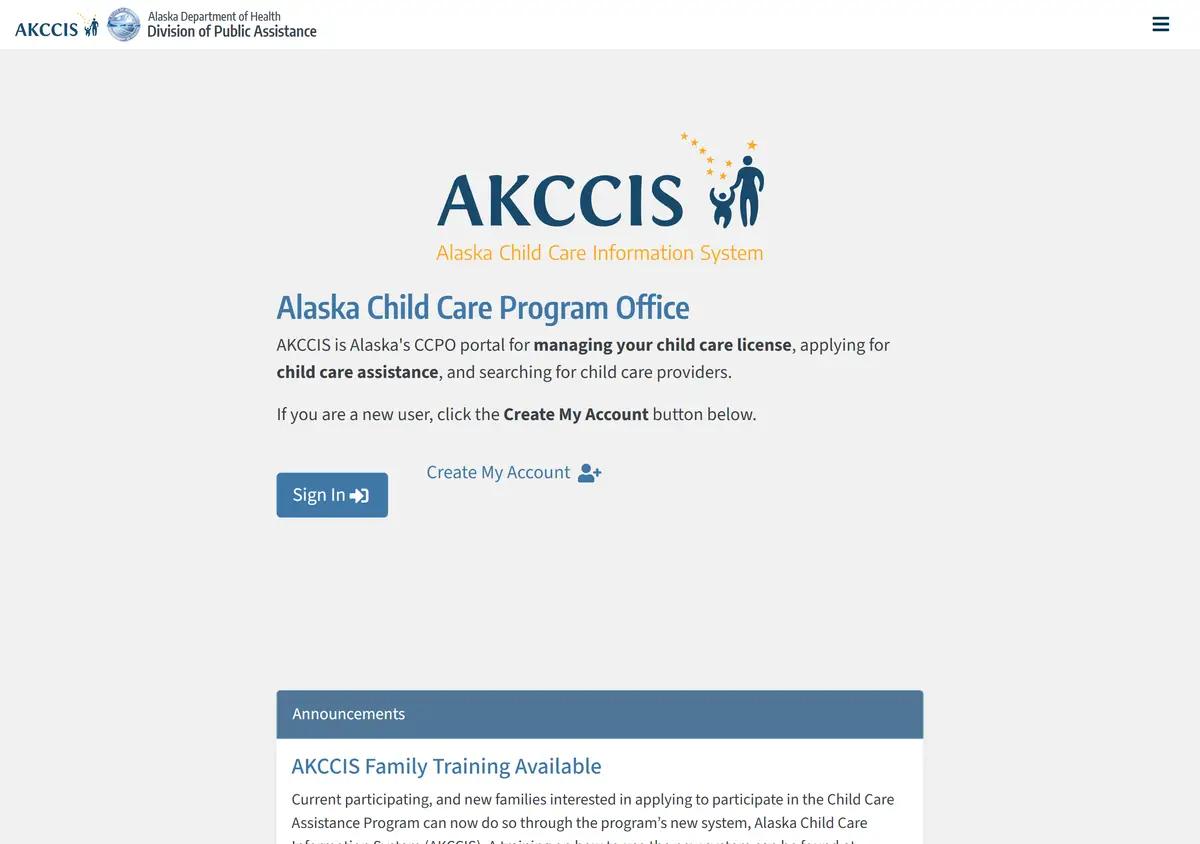 The AKCCIS child care assistance application portal.