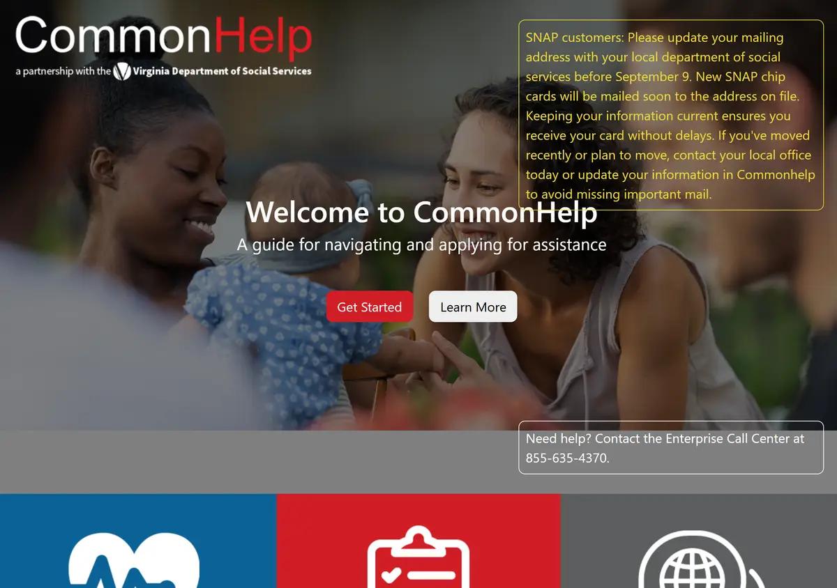 The CommonHelp portal homepage where Virginia SNAP applications start.