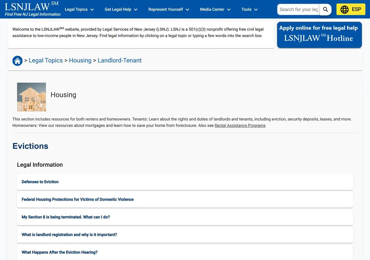 The LSNJ eviction articles index in the self-help library.