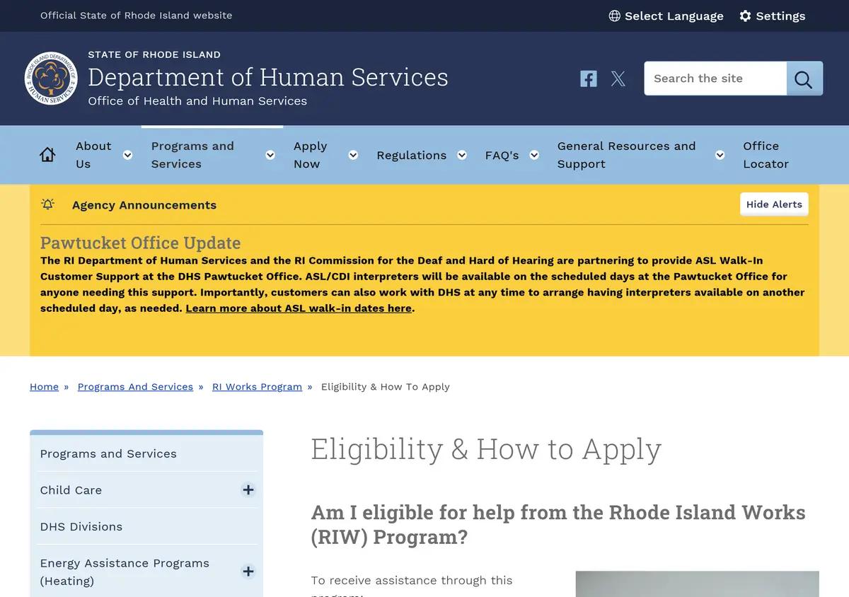 The Rhode Island DHS RI Works eligibility page.
