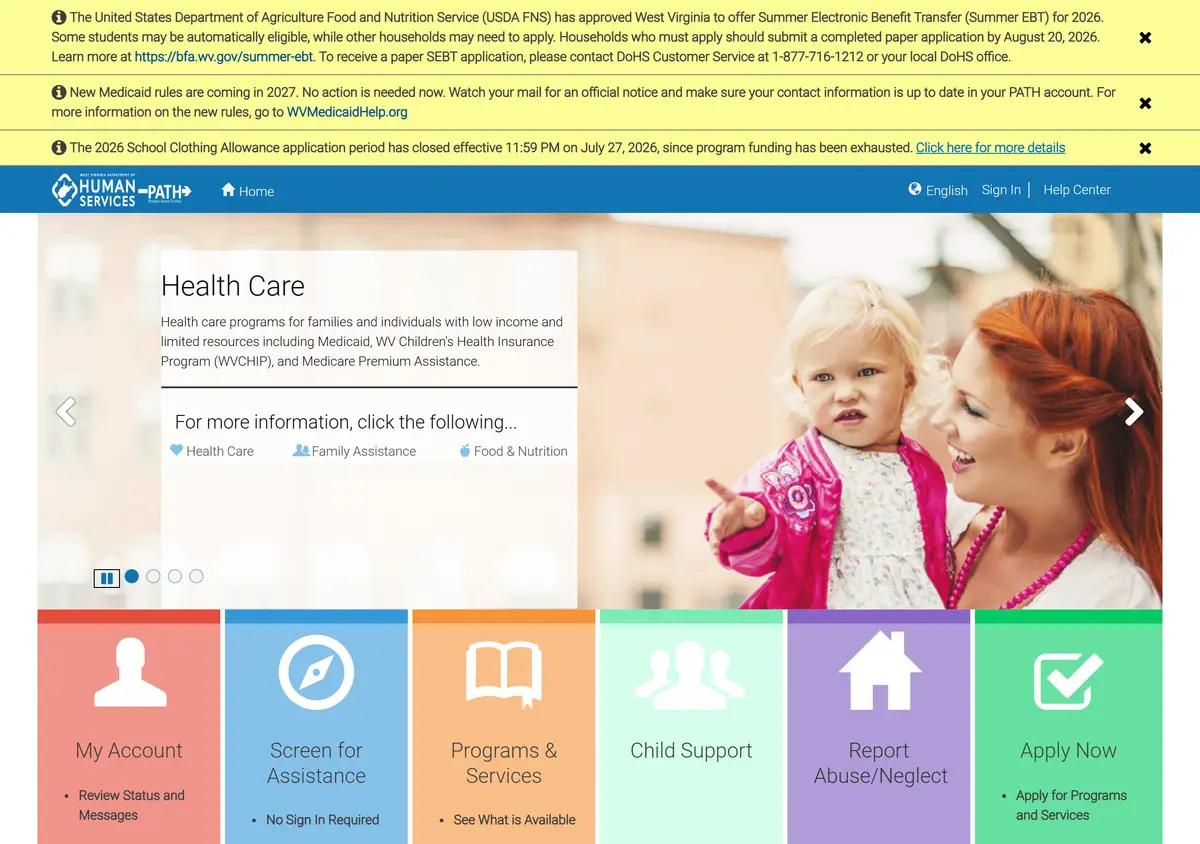 The WV PATH benefits application portal.