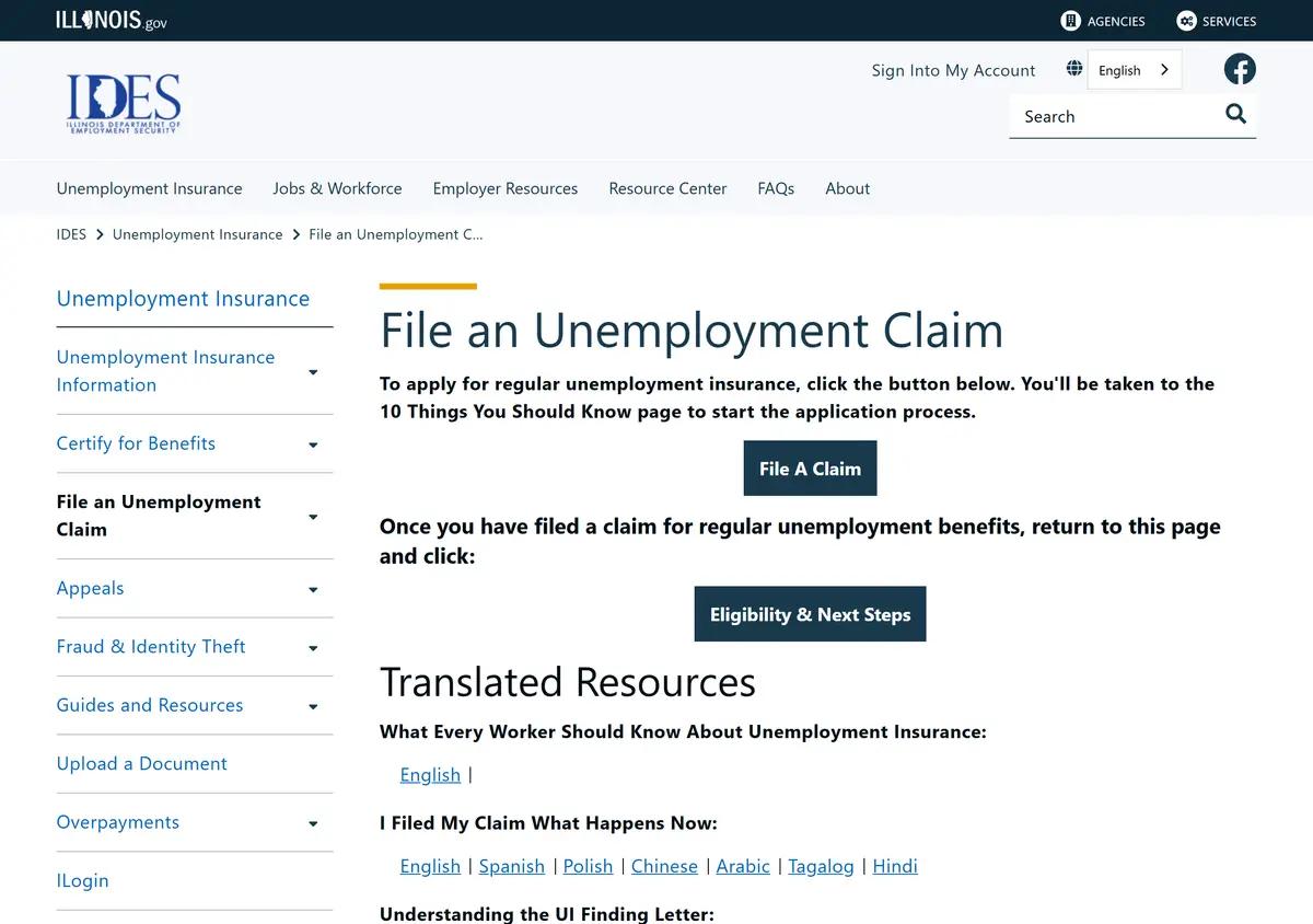 The IDES file-a-claim page for Illinois unemployment.