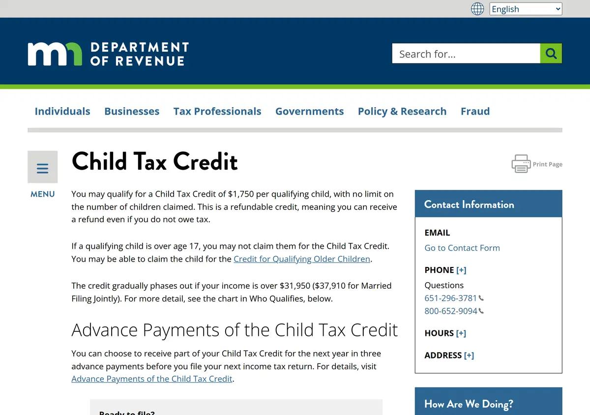 The Minnesota Department of Revenue Child Tax Credit page.