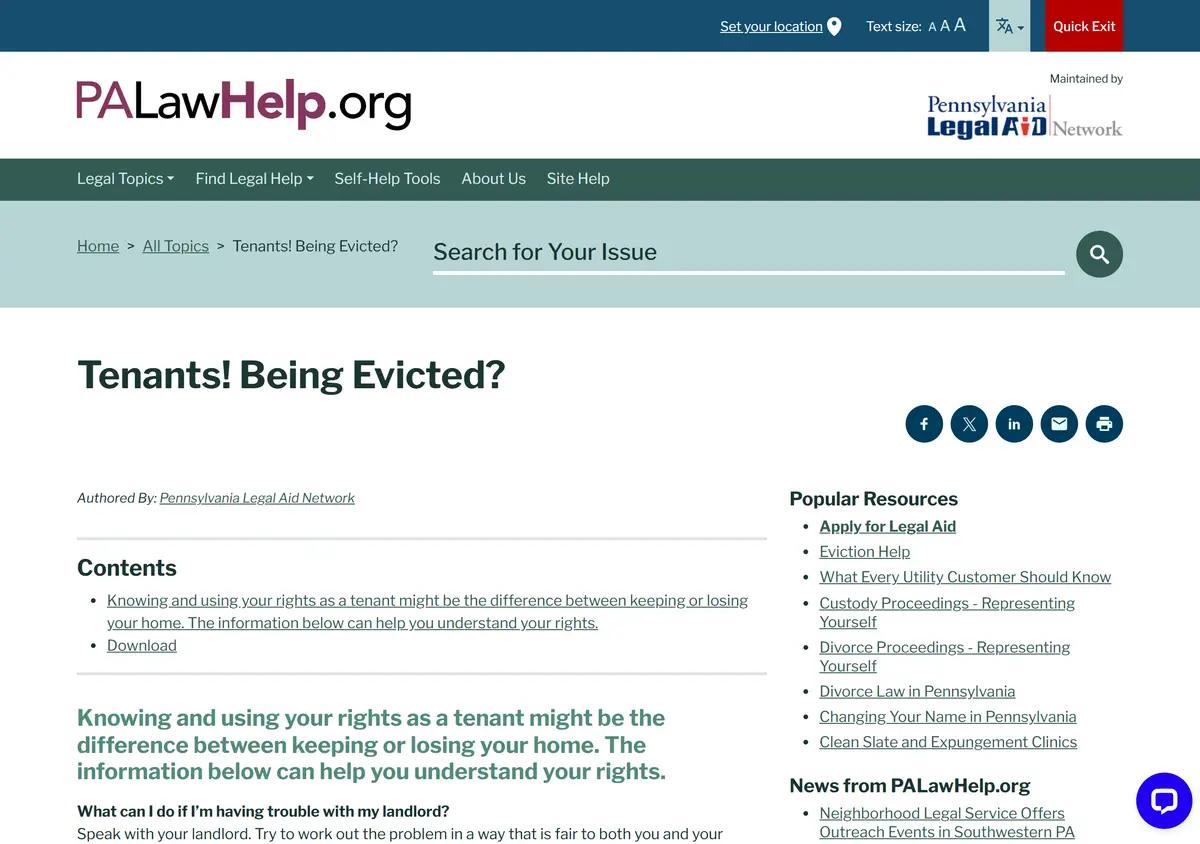 PALawHelp's 'Tenants! Being Evicted?' guide page.