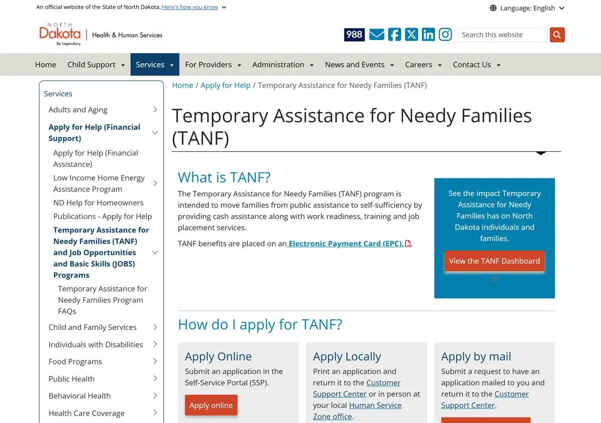 The North Dakota TANF application page.