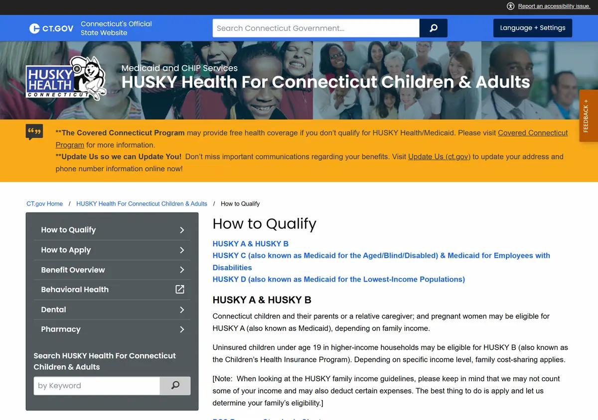 The Connecticut HUSKY Health how-to-qualify page.