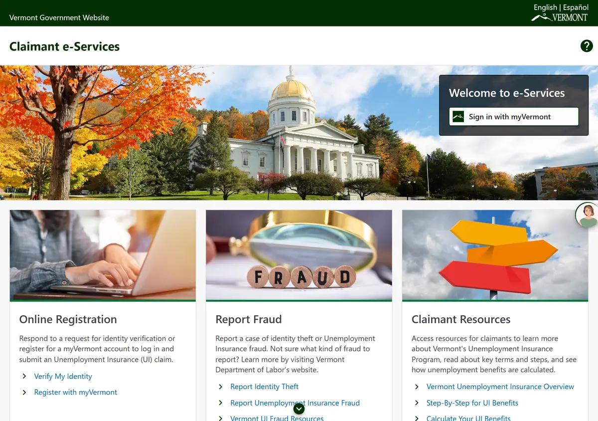 The Vermont Claimant e-Services login page.