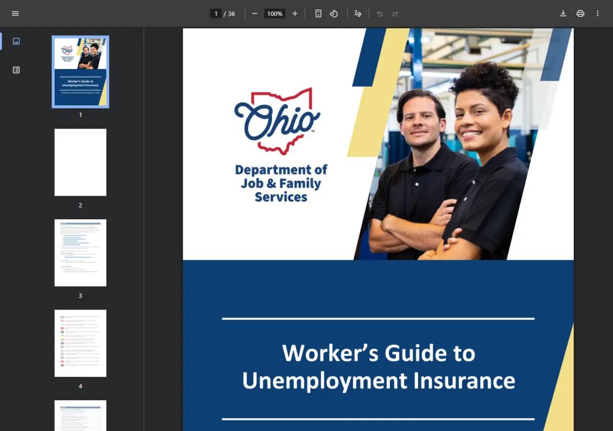 Ohio's Worker's Guide to Unemployment Insurance with current benefit figures.
