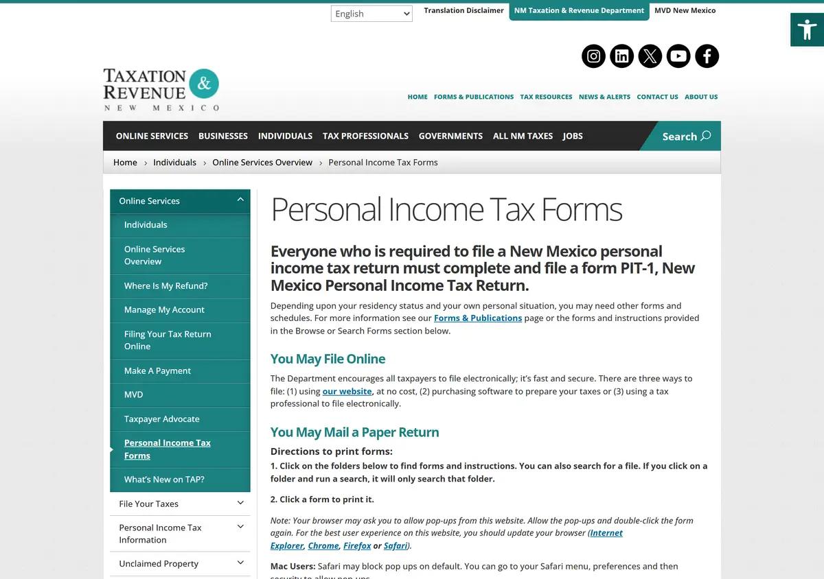The New Mexico personal income tax forms page.