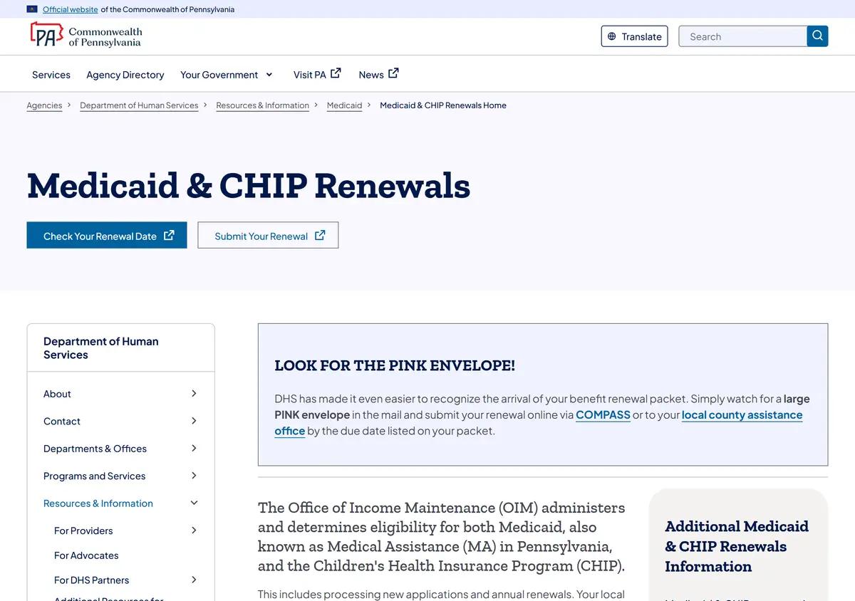 The Pennsylvania DHS Medicaid and CHIP renewals page explaining the pink envelope renewal process.
