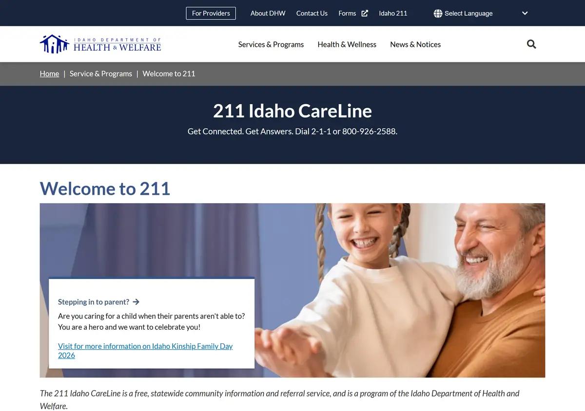 The Idaho Department of Health and Welfare 211 Idaho CareLine page.