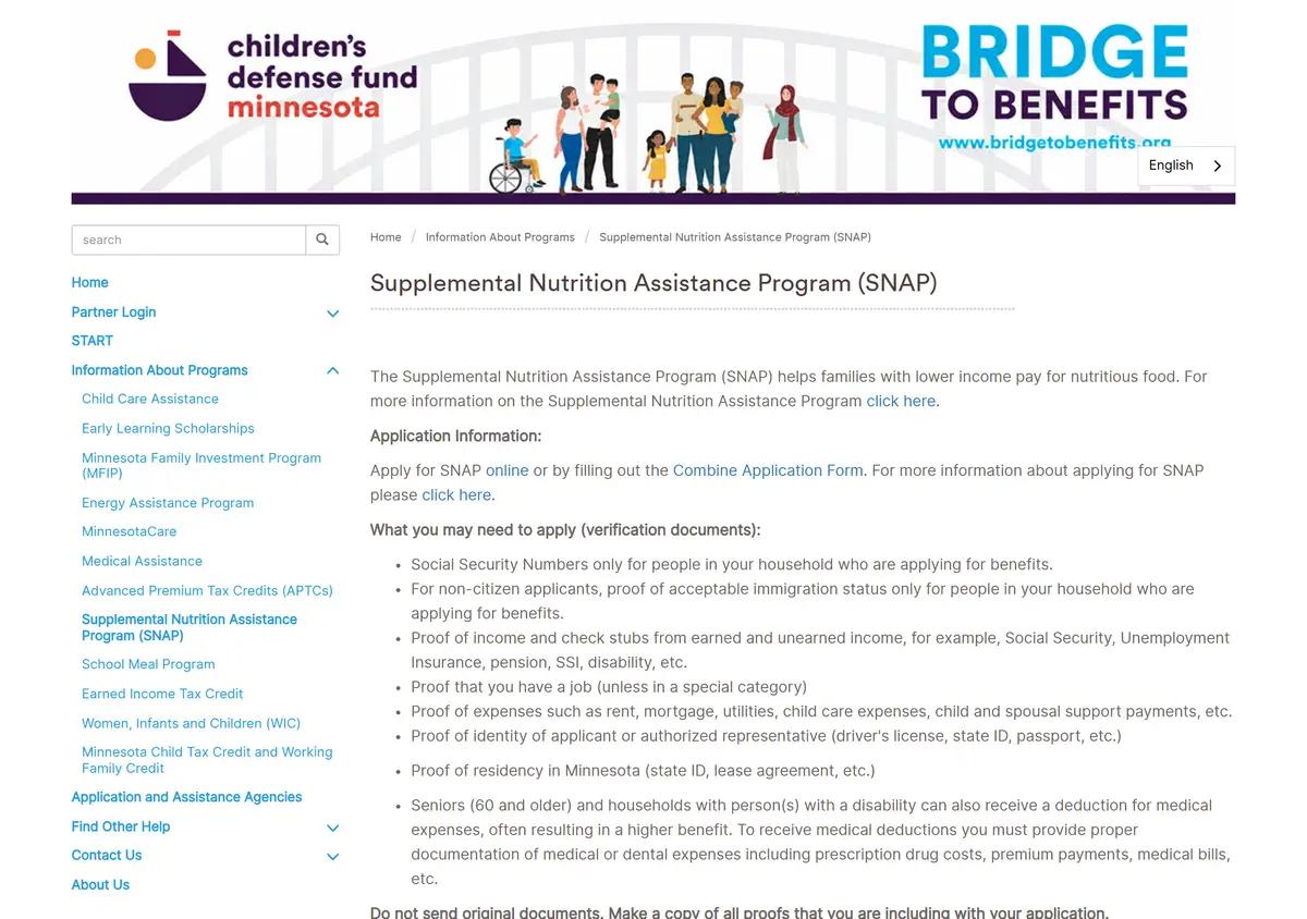 A Minnesota food support benefits screening tool.
