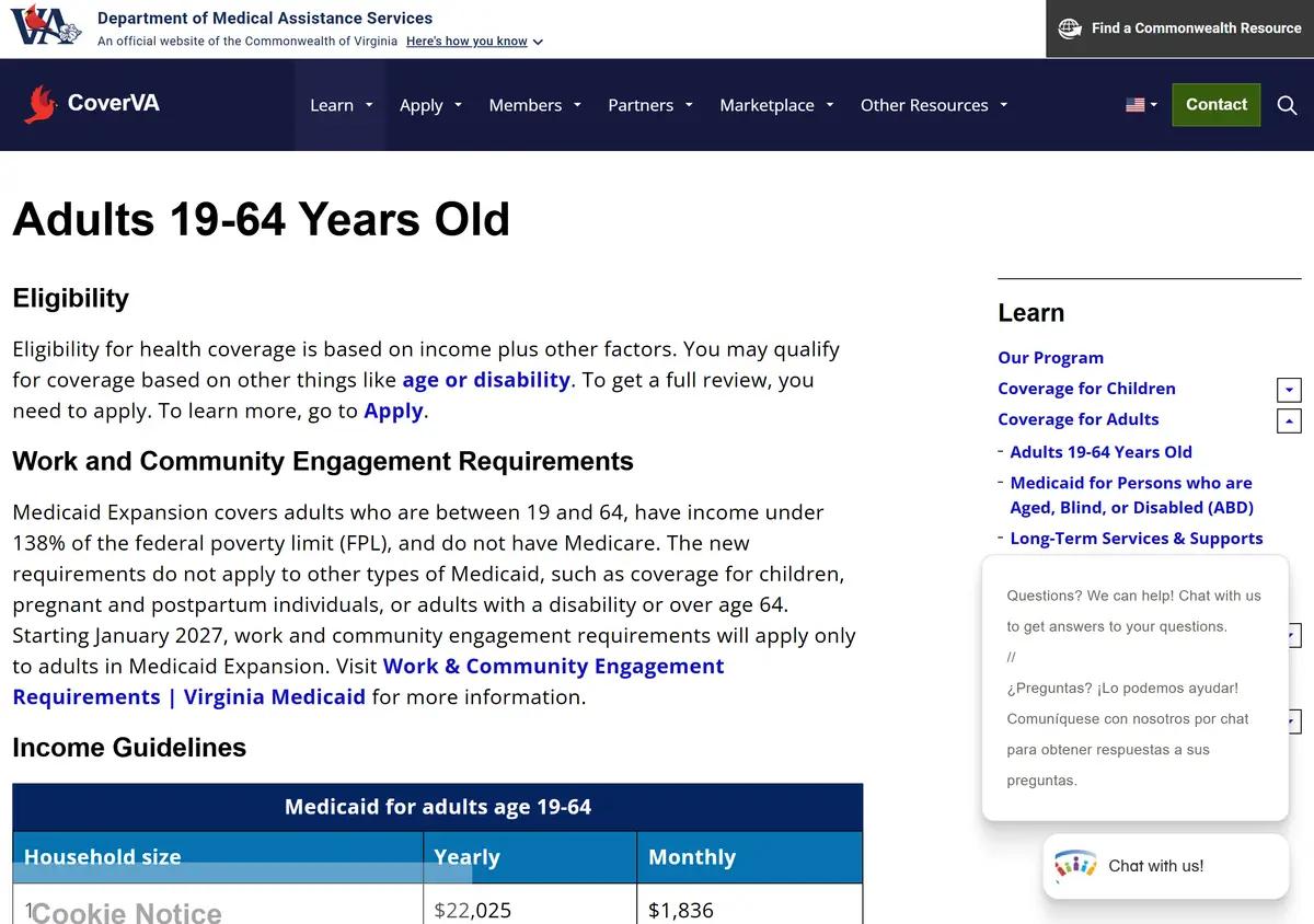 The adults 19 to 64 page with the 2026 income table.