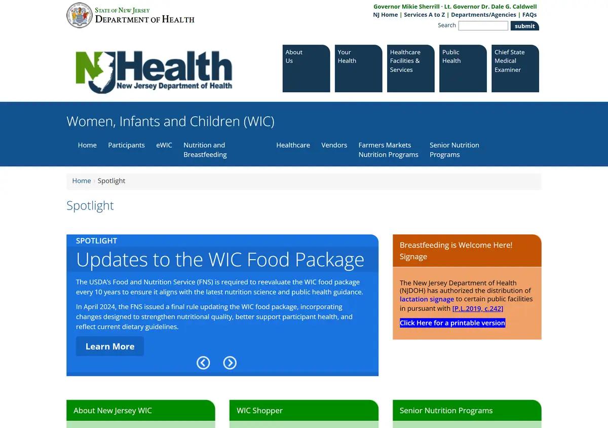 The New Jersey WIC homepage.