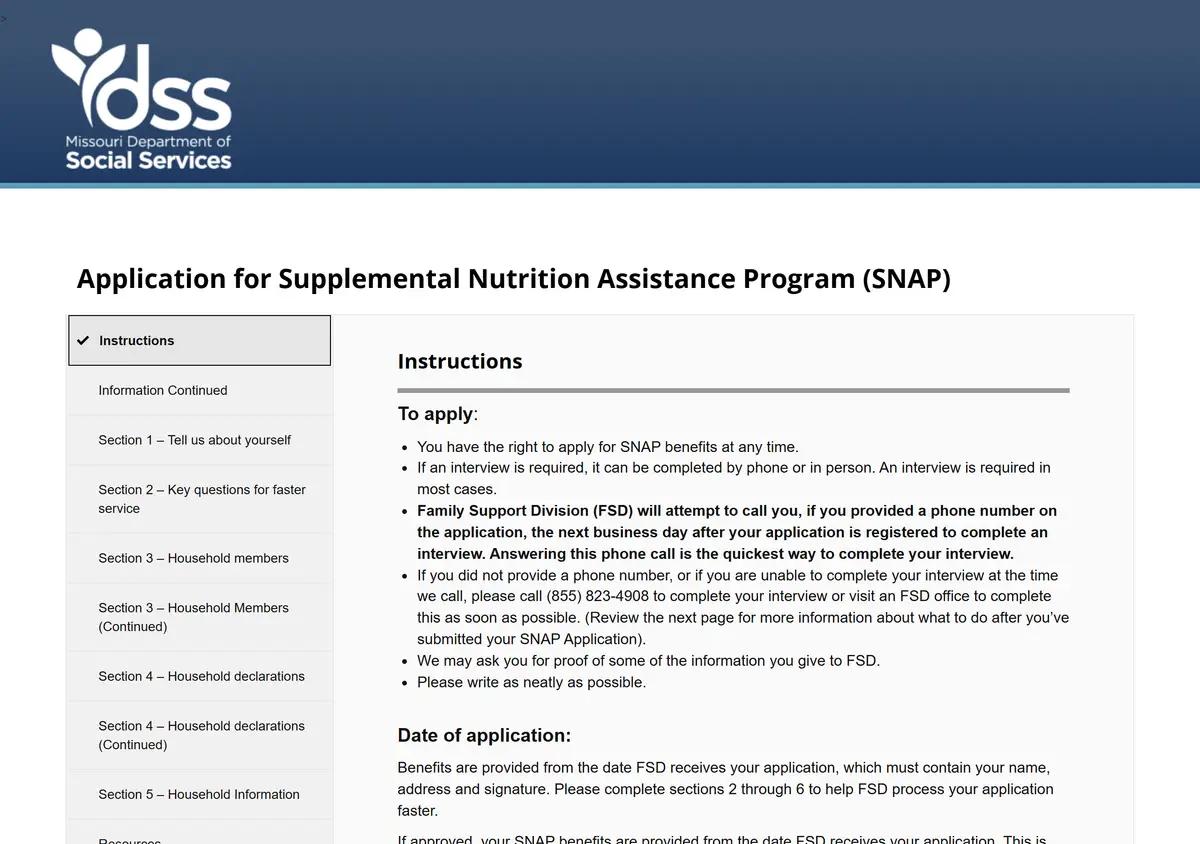 The Missouri FS-1 online SNAP application.