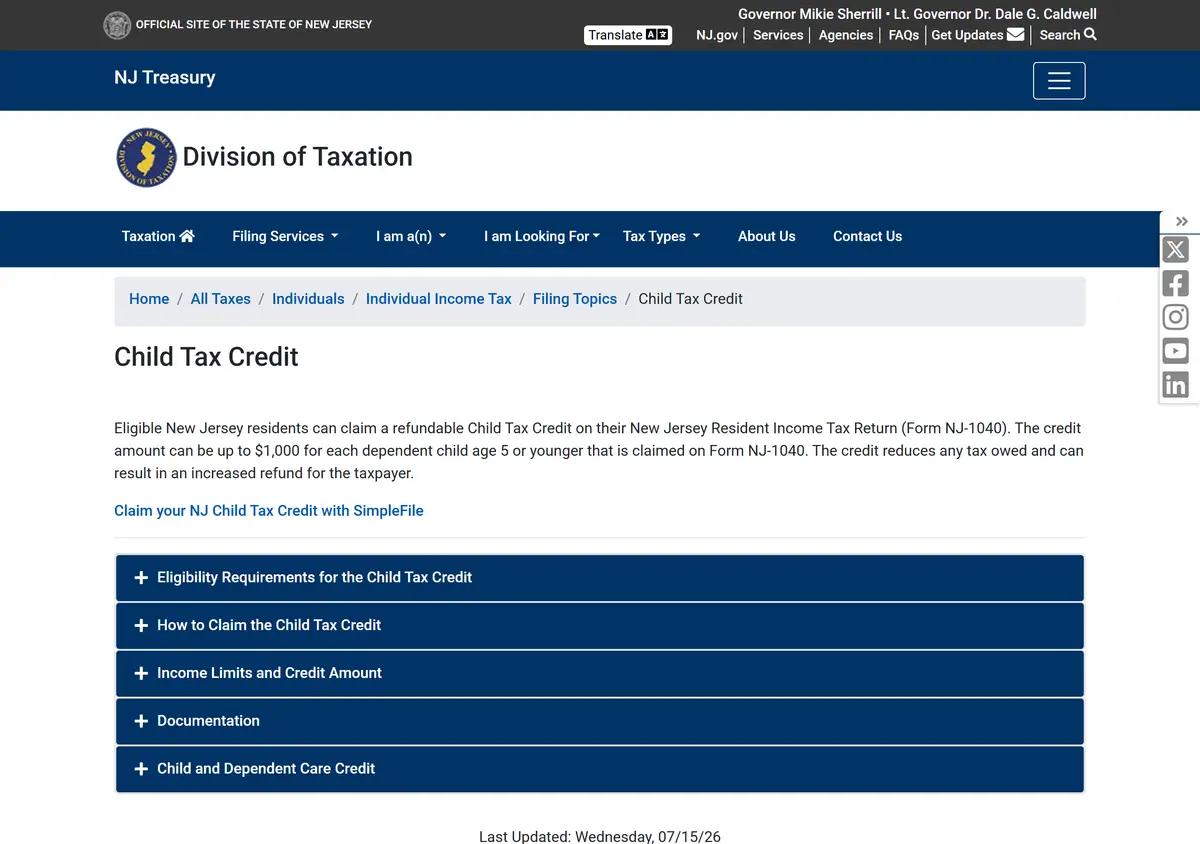 The New Jersey Child Tax Credit page.