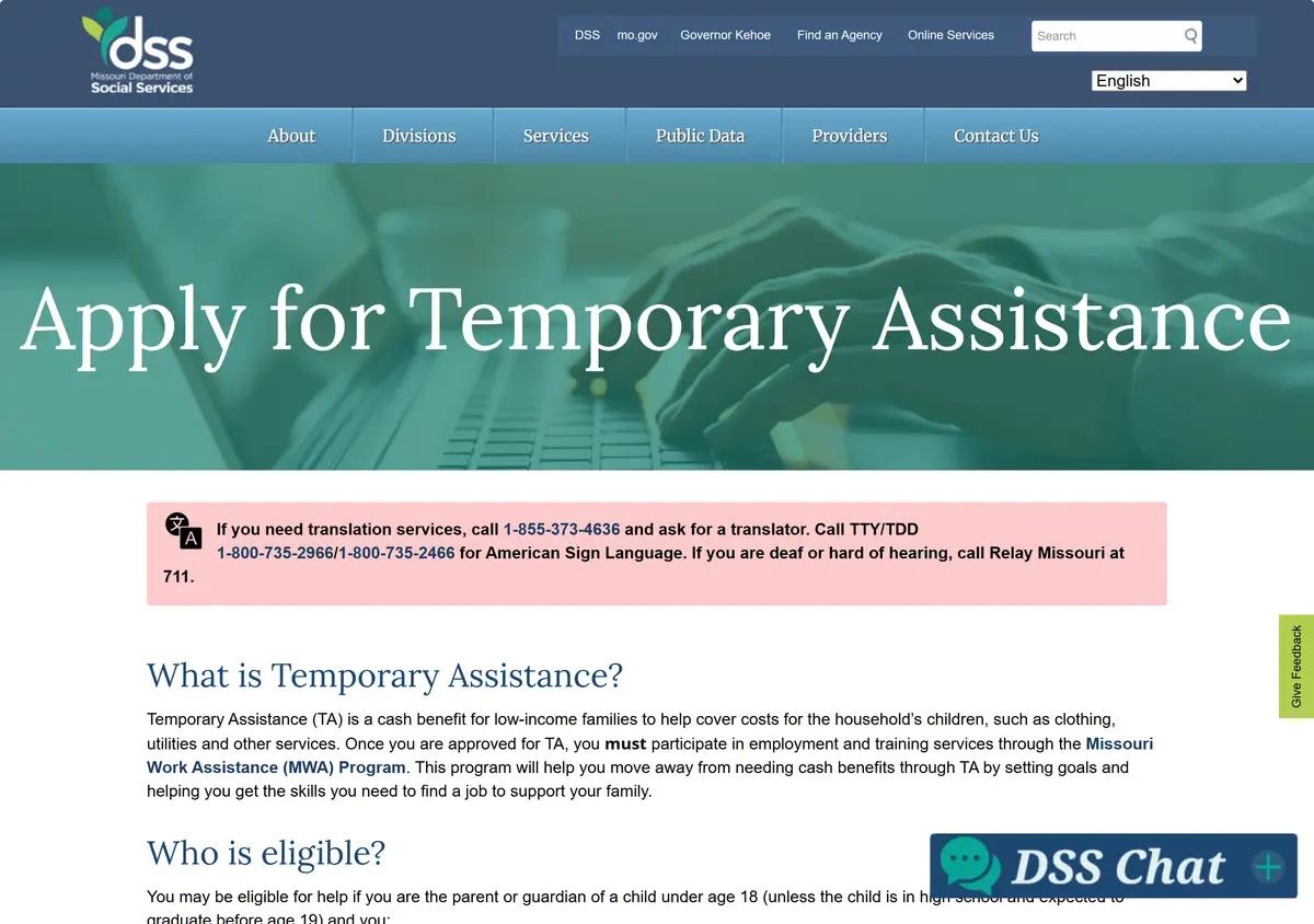 The Missouri Temporary Assistance apply page.