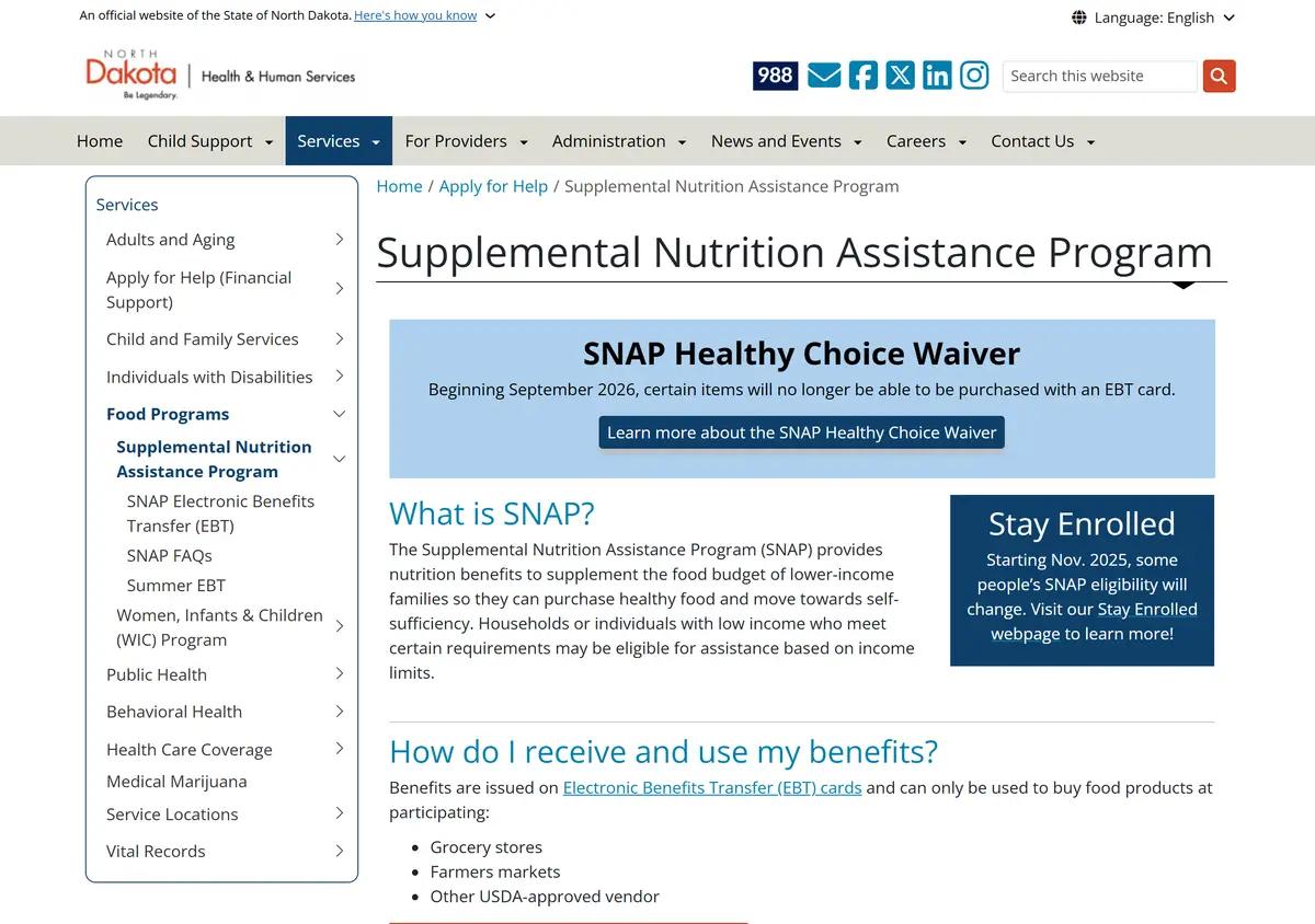 The North Dakota SNAP application page.