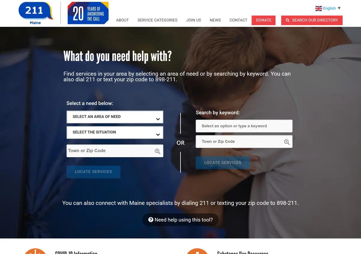 The 211 Maine homepage.