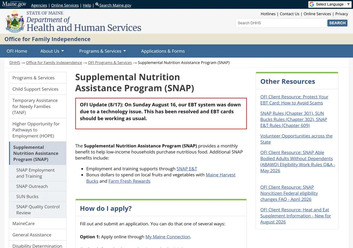Maine's Food Supplement (SNAP) program page.