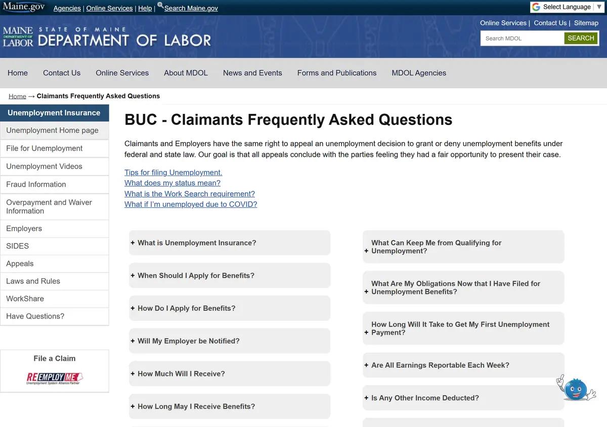 Maine's unemployment claims questions page.