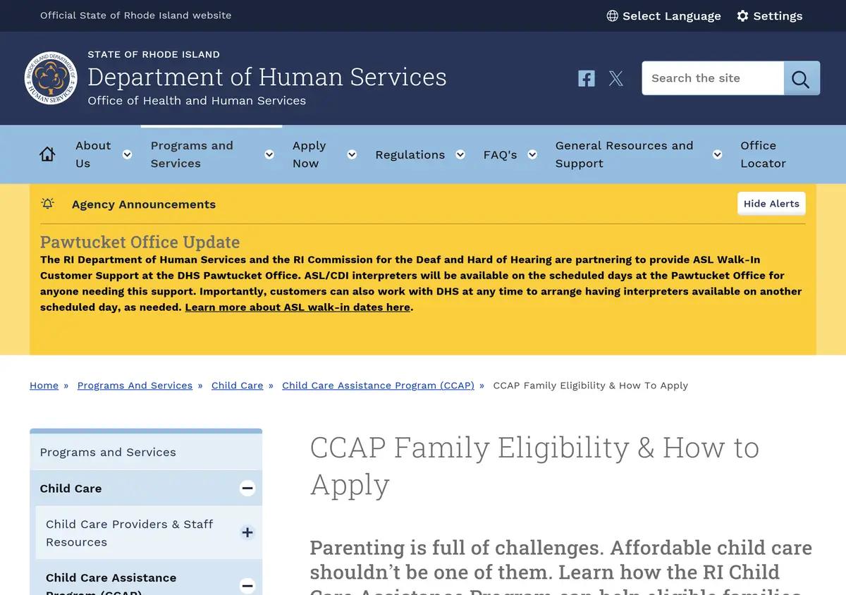 The Rhode Island DHS Child Care Assistance Program eligibility page.