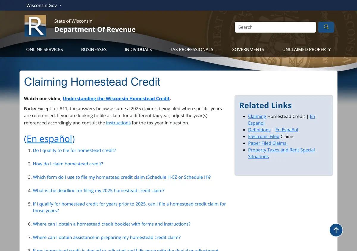 The Wisconsin Department of Revenue Homestead Credit FAQ.