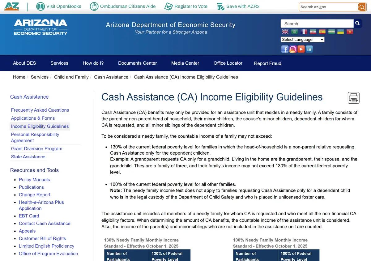 The DES income eligibility guidelines with the A1 and A2 payment standards.