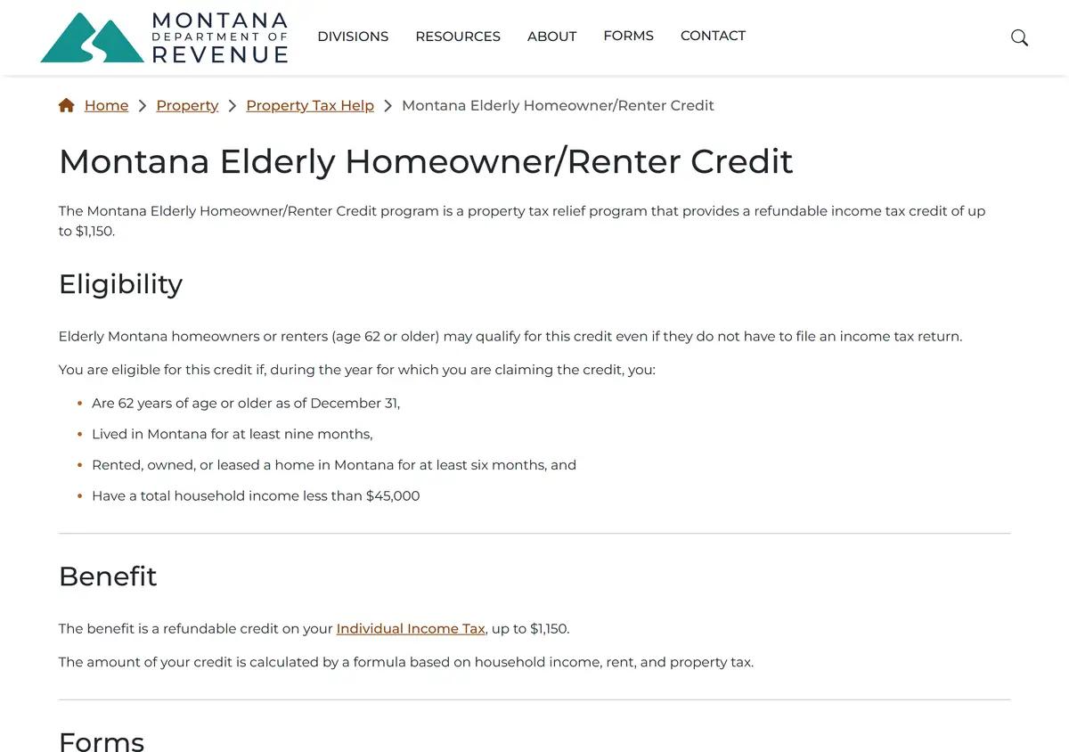The Montana Department of Revenue Elderly Homeowner/Renter Credit page.