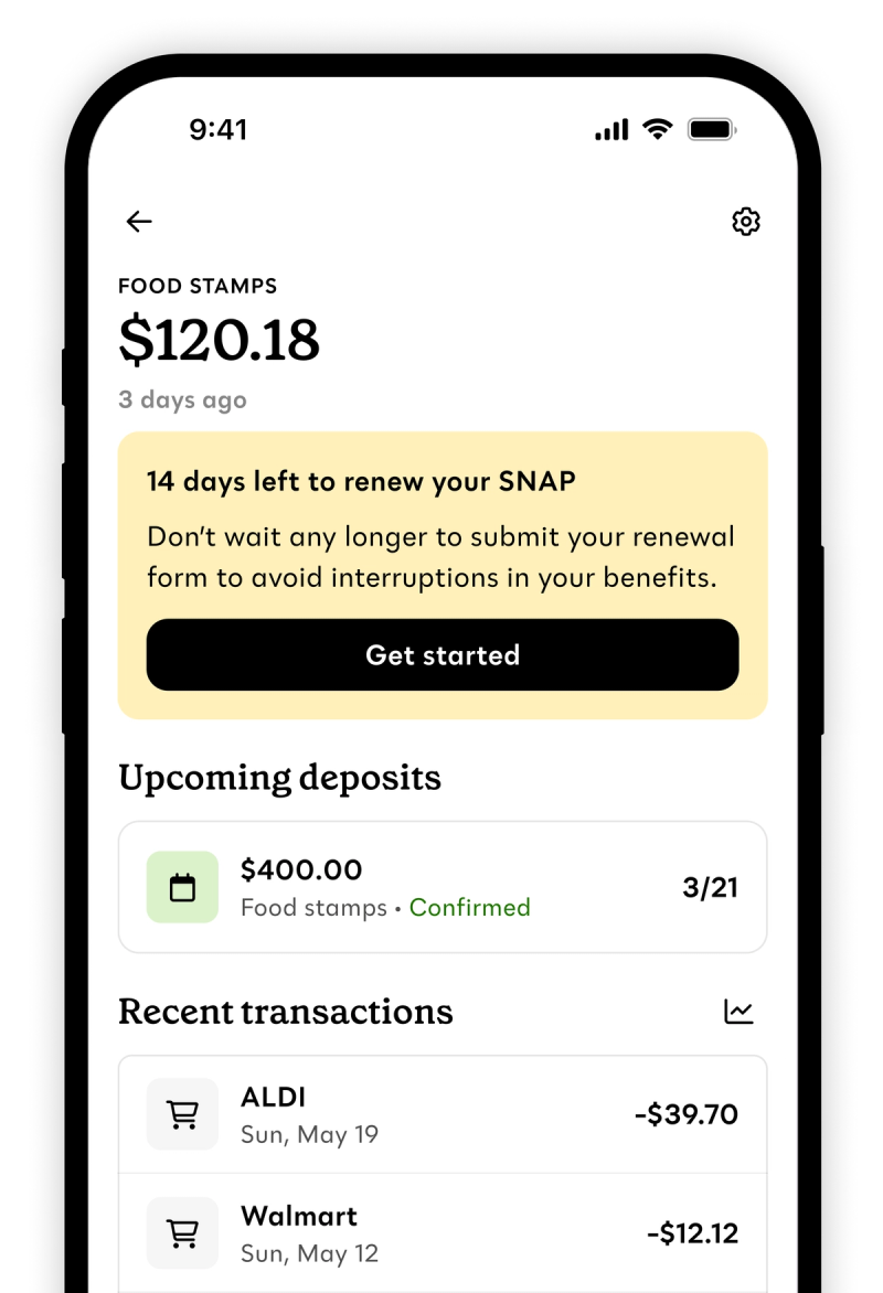 The home screen of the Propel app showing a notice to check about exemptions for new 2027 Medicaid program requirement. Below the notice is a SNAP balance, recent transaction, and an offer for discounted home internet.