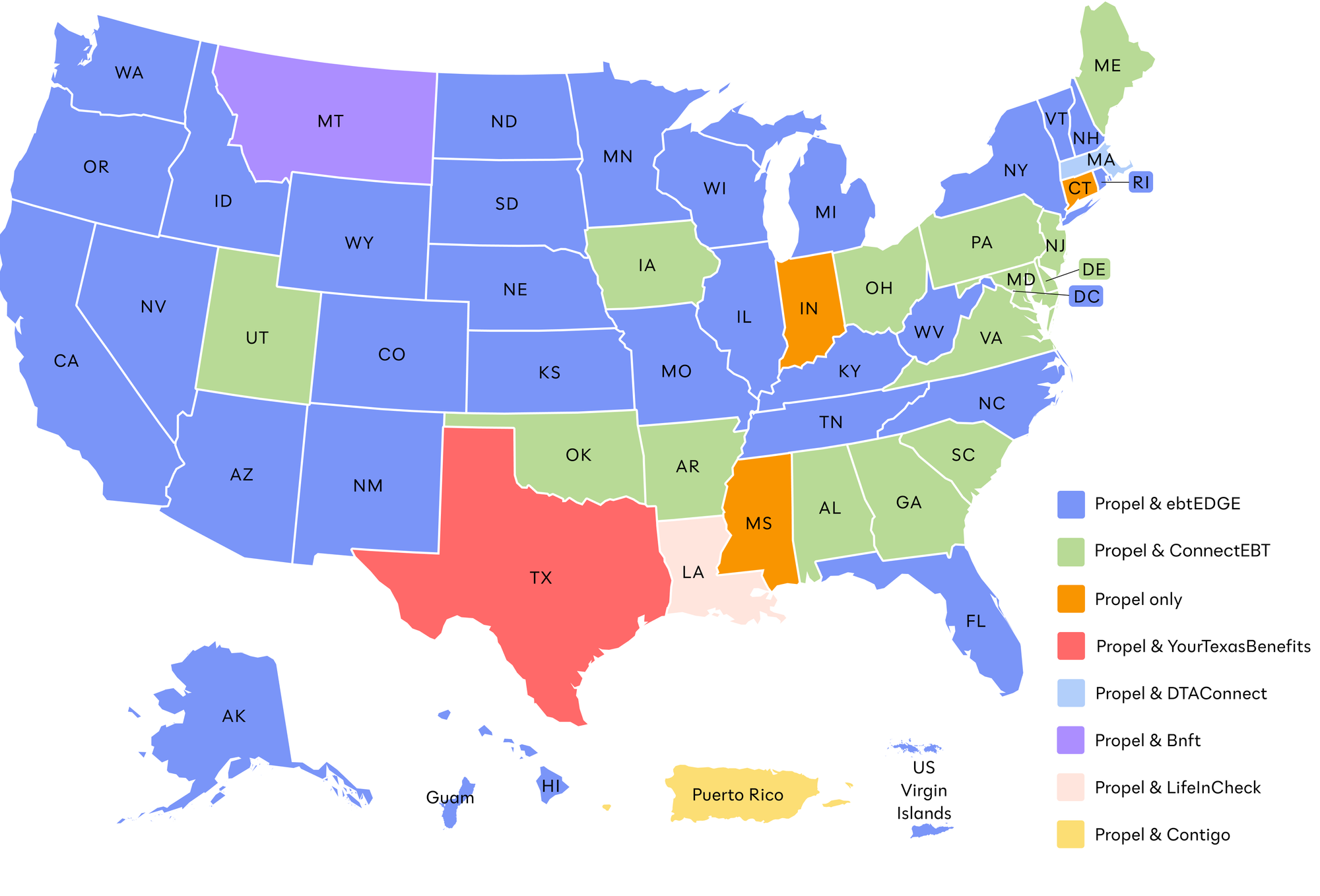 Map of the United States color-coded by balance-checking apps available in each state