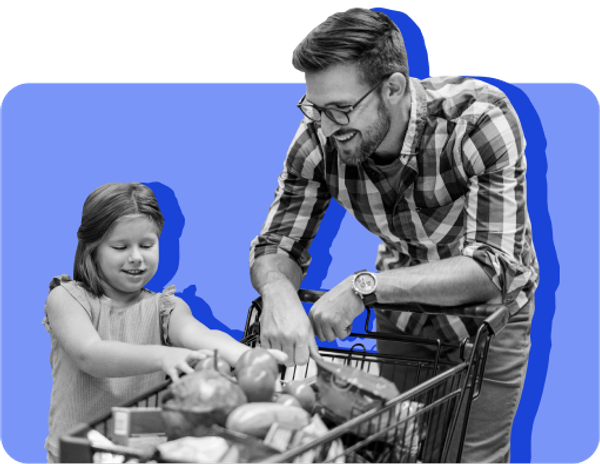 A parent and child shop for food with SNAP benefits. The "Big Beautiful Bill" doesn't restrict what you can buy, but some states are planning bans on junk food.