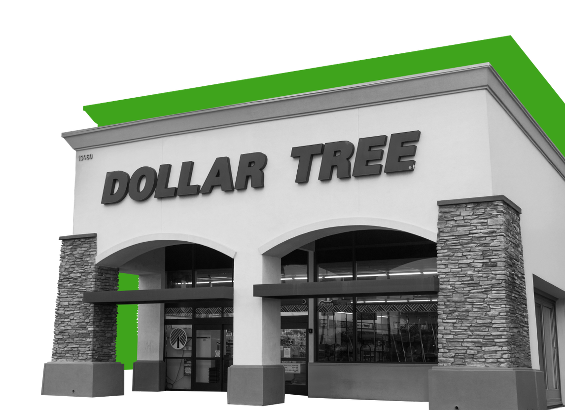 An image of the exterior of a Dollar Tree store against a green background