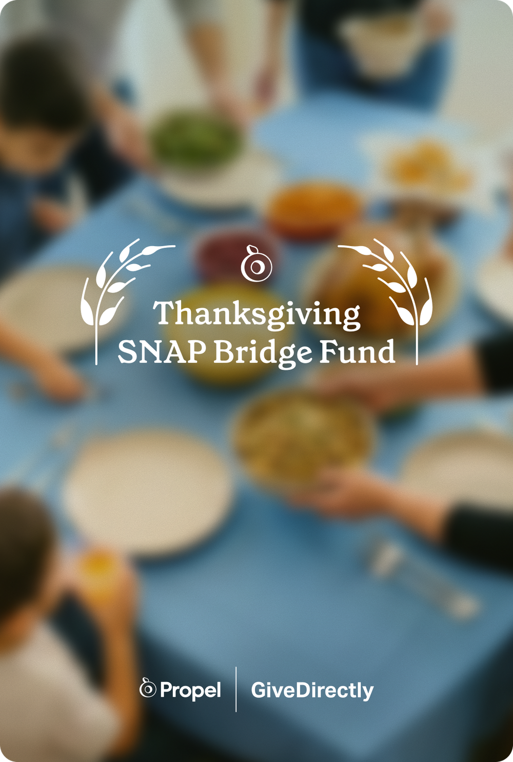 Thanksgiving SNAP Bridge Fund from Propel and GiveDirectly, over a blurred photo of a family sharing a Thanksgiving meal
