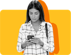A woman looks at her SNAP account online on her phone against a yellow background.