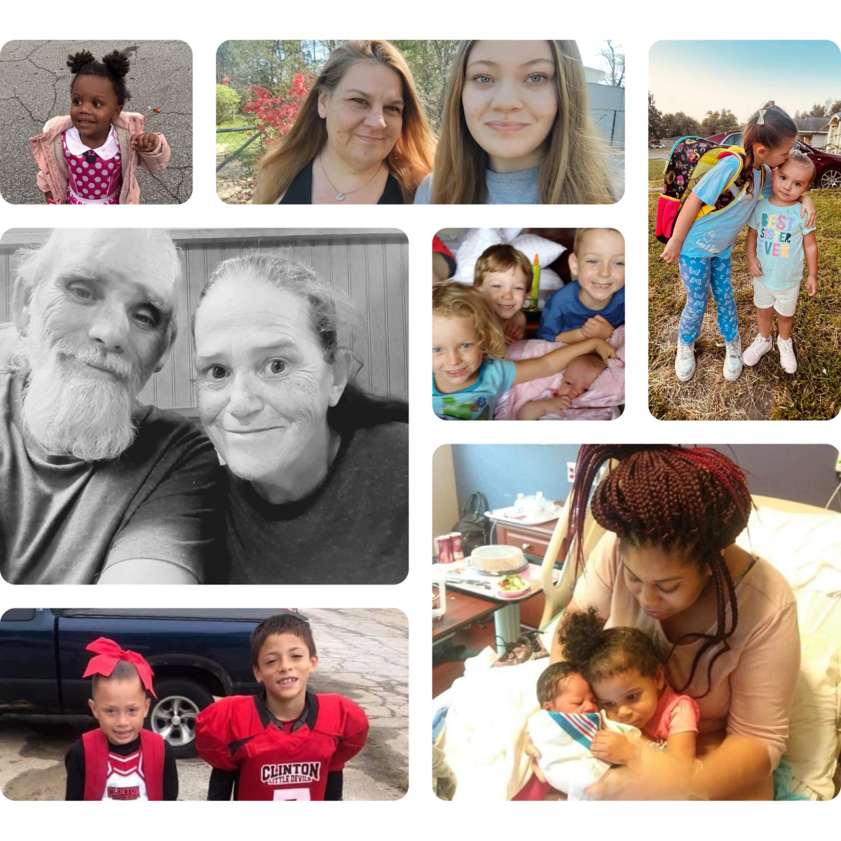 Collage of photos submitted by SNAP families: a toddler in a polka-dot dress, two women smiling for a selfie, a girl kissing her little sister on the cheek, an older man and woman, young children cuddling a newborn, a girl and boy in cheer and football uniforms, and a woman in a hospital bed holding a newborn and a toddler.
