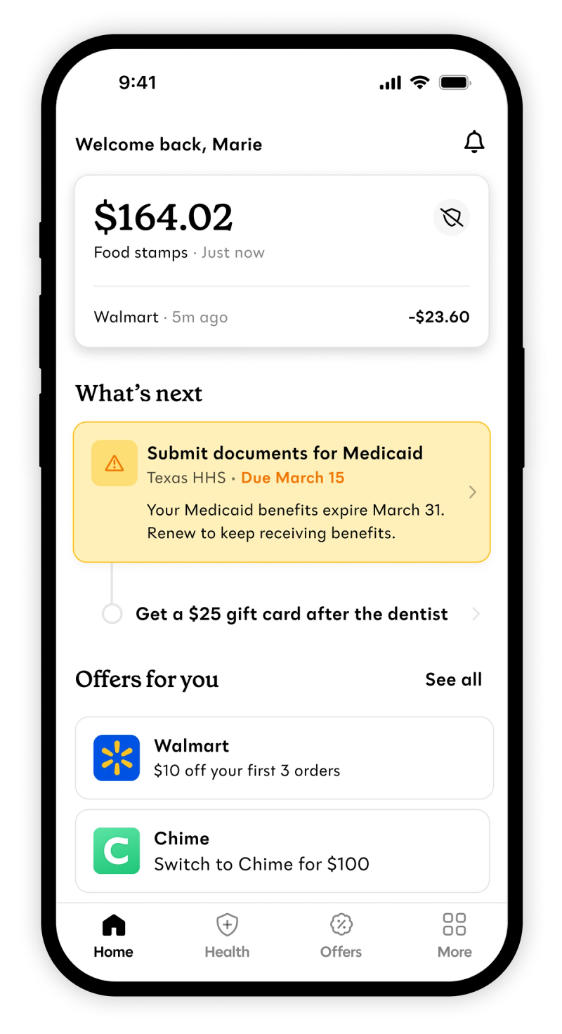 The home screen of the Propel app showing an EBT balance above a section for Medicaid, including a tile to check in with a quiz for personalizing care and a tile for earning rewards by completing an annual checkup.